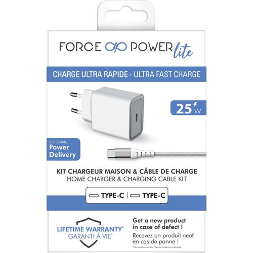 Chargeur Maison 25w Power Delivery Garanti À Vie + Câble Usb C/Usb C Blanc - 100% Plastique Recyclé Force Power Lite