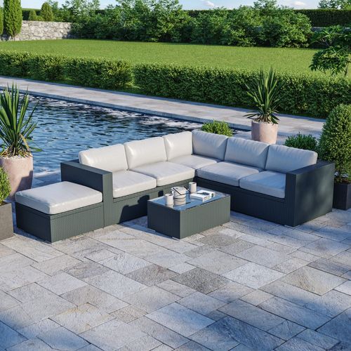 Salon De Jardin Résine Tressée D'angle Fonctionnel Avec Coffre De Rangement Intégré - Noir Ecru - Farenza