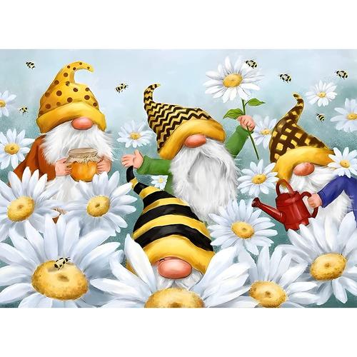 Fleurs Diamond Painting Strass Complet, Broderie Diamant Kit Complet Printemps Diamond Painting, Diy 5d Diamant Painting Gnome Peinture Diamant 5d Complet Marguerite Blanche Et Gnome 30x40 Cm