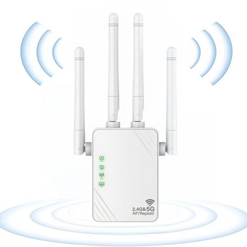 Répéteur WiFi, Amplificateur WiFi Blanc 1200Mbps Dual Band 2.4G/5G, Amplificateur de Signal WiFi, 2 Ports LAN, 4 antennes, Extension WiFi pour la Maison et Le Bureau, Répéteur/Routeur/AP