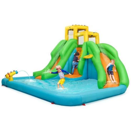 Costway Château Gonflable Enfant 5 En 1 Avec Toboggan Double Parc Aquatique,Mur D'escalade Panier,Piscine,Canon À Eau Sans Souffleur