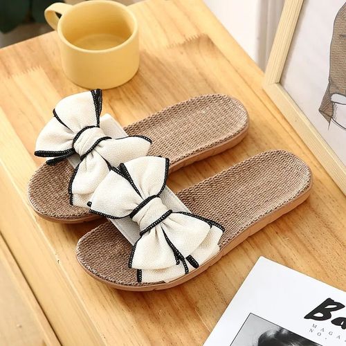 Tongs En Lin À N?ud Rayé Pour Femmes,Diapositives Décontractées D'été,Pantoufles Arex Confortables,Sandales À Plateforme,Chaussures D'intérieur Pour Dames
