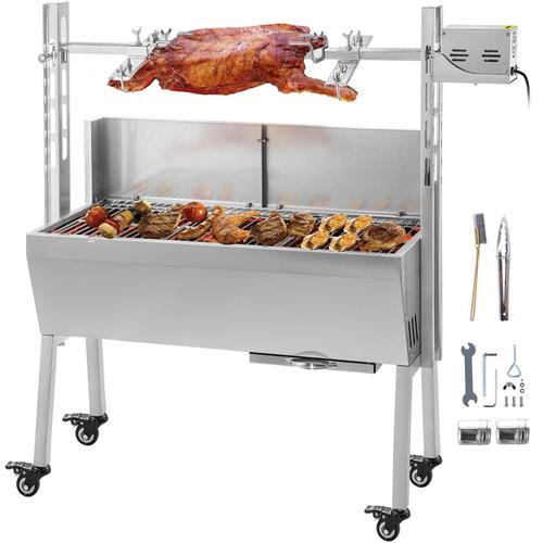 Barbecue au Charbon de Bois Rôtissoire en Inox Sur Pied à Roulette Four BBQ Tournebroche Électrique 25W 60KG en Acier Inoxydable Jardin Extérieur