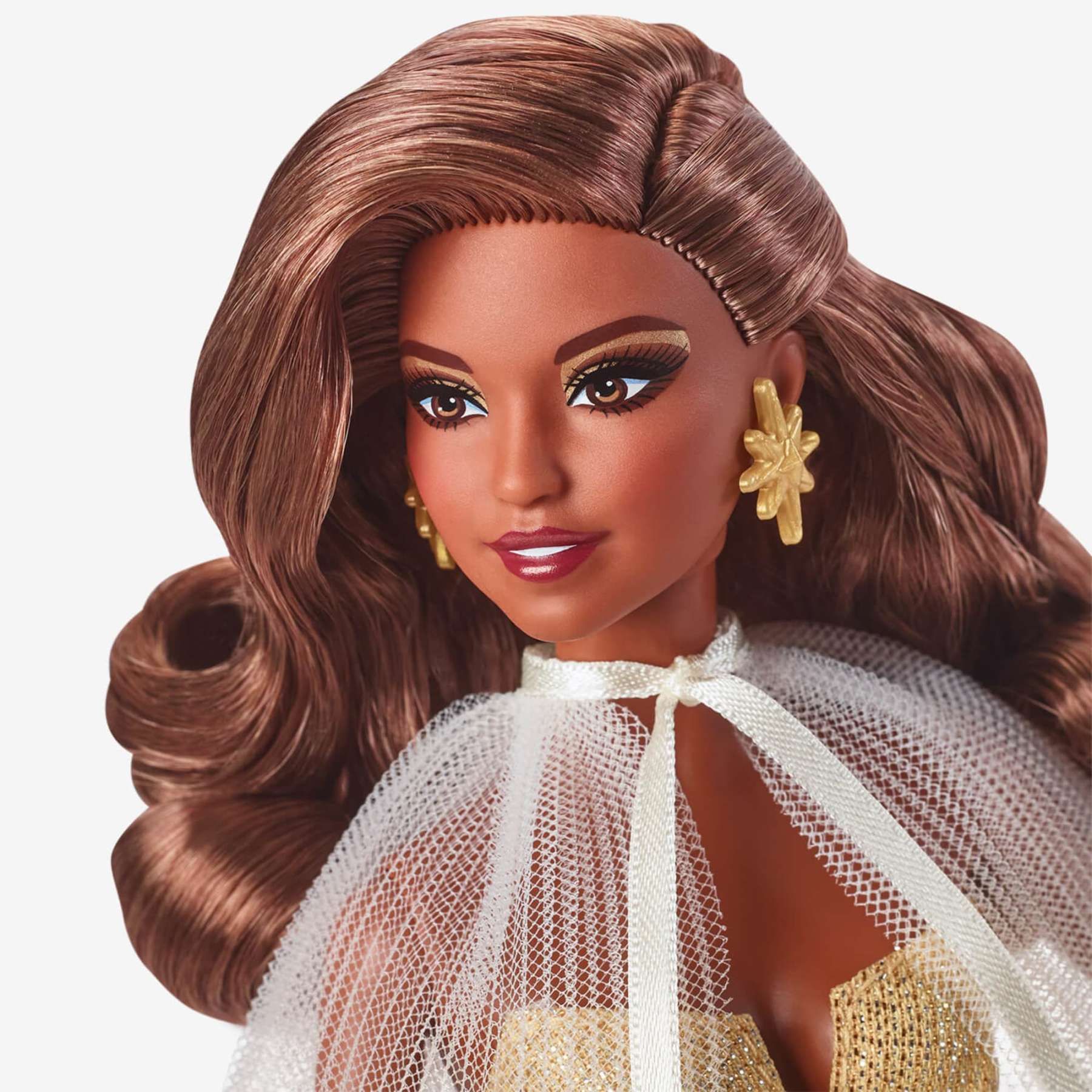 Barbie-Barbie Joyeux Nol 2023-Poupe Robe Dore Et Cheveux Bruns - 3