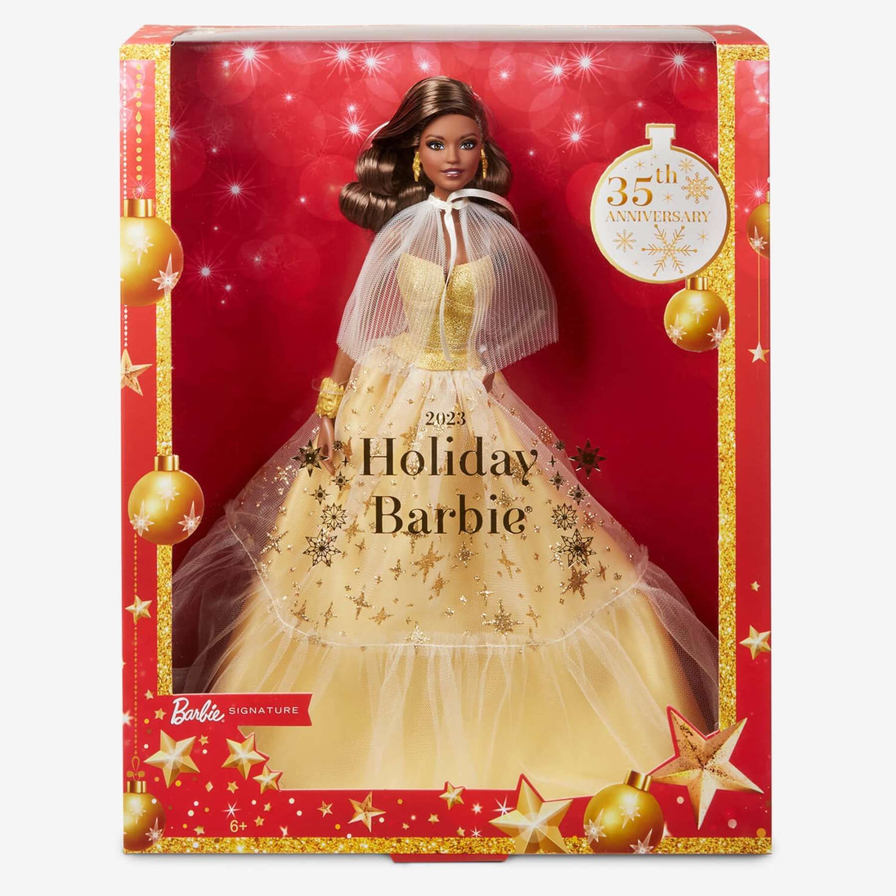 Barbie-Barbie Joyeux Nol 2023-Poupe Robe Dore Et Cheveux Bruns - 7