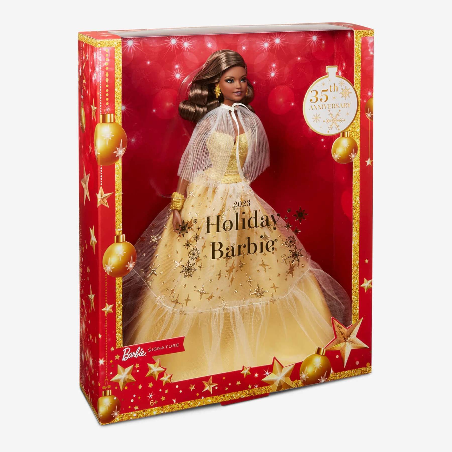 Barbie-Barbie Joyeux Nol 2023-Poupe Robe Dore Et Cheveux Bruns - 8