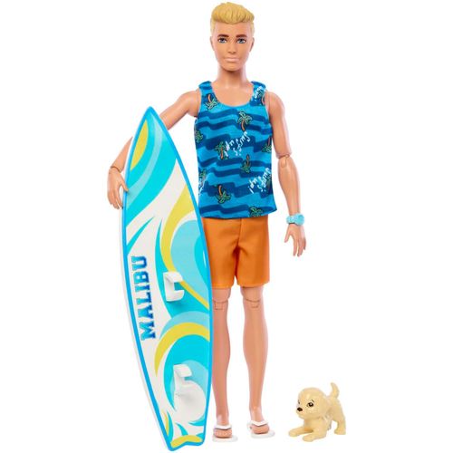 Barbie Coffret Surf Ken - Poupée Blonde Articulée, Planche De Surf, Chiot Et Accessoires