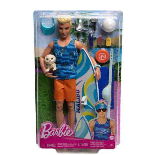 Barbie Coffret Surf Ken Poupée Blonde Articulée, Planche De Surf