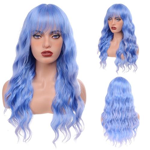 Sw0128-Bleu Rêve - 28 Pouces - Perruque Longue Ondulée Avec Frange Perruques Synthétiques Noires Pour Femmes Rouge Rose Blond Pour Perruque De Cosplay Cheveux Naturels Perruque Résistante À La Chaleur