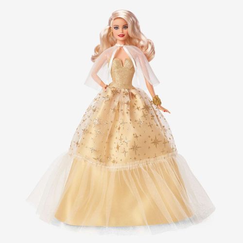 Barbie-Barbie Joyeux Noël 2023-Poupée Robe Dorée Et Cheveux Blonds