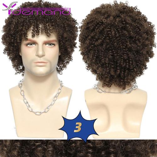 N°4 - 6 Pouces - 1 Pc - Perruque Synthétique Bouclée Pour Hommes, Postiche Afro Coupe Pixie, Noir/Marron/Rose, Coupe Courte Pour Hommes