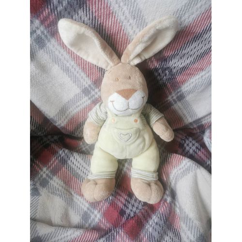Doudou Lapin Marron Beige Rayé Salopette Jaune Coeur Mots D'enfants