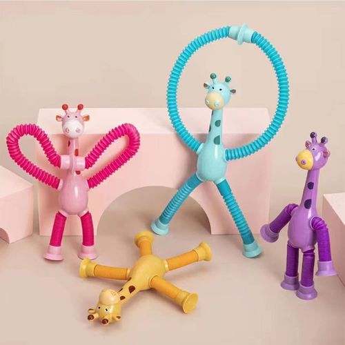 Lot De 4 Jouets De Bain Pour Enfants,Ventouse Télescopique Jouet Cartoon Tube Étirer Et Décompresser Jouet Éducatif(Girafe)