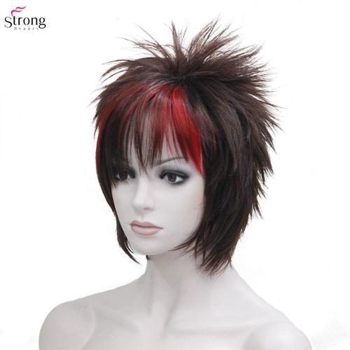 33h12-135 - 6 Pouces - Perruque Synthétique Noire/Rouge, Cheveux Courts Et Lisses, Style Punk, Perruque Pour Homme, Couleur Noire/Rouge