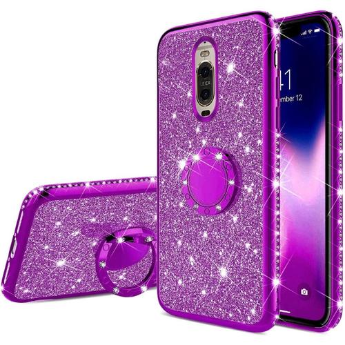 Coque Compatible Avec Huawei Mate 9 Pro Glitter Coque,Bling Brillant Diamant Paillettes Silicone Coque + Anneau Support,Souple Tpu Gel Sparkle Placage Métal Coque Housse Etui,Violet