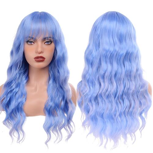 Rêve Bleu - 28 Pouces - Perruques Synthétiques Ondulées Avec Frange Pour Femmes, Résistantes À La Chaleur, Rouges, Oranges, Bleues, Blondes, Gingembre, Pour Fête De Cosplay