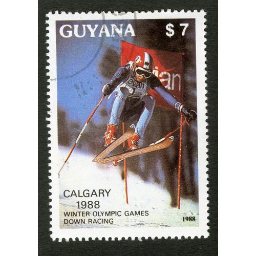 Timbre Oblitéré Guyana, Calgary 1988, Winter Olympic Games Down Racing, S 7