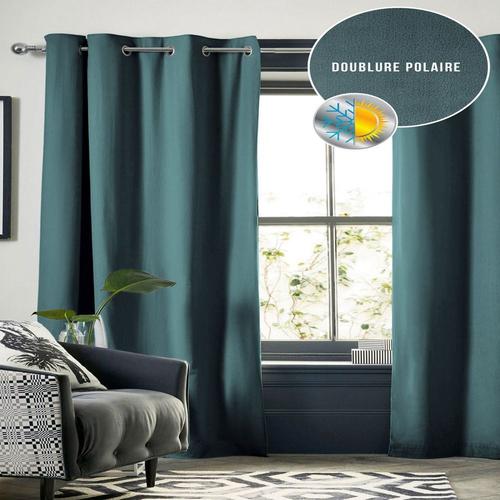 Rideau Occultant 280x260 Cm Doublure Polaire Polyester Bleu Canard