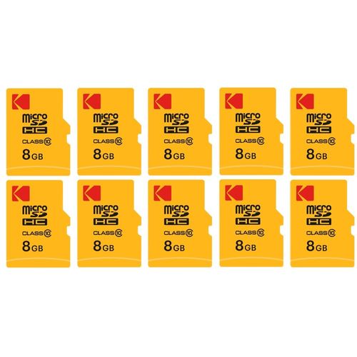 Pack de 10 KODAK Cartes Mémoire Micro SDHC 8 Go avec Adaptateur - Solution de Stockage Haute Vitesse - Noir