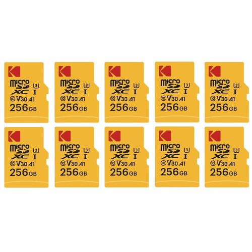 Pack de 10 KODAK Cartes Mémoire Micro SD - 256GB, Classe 10, Haute Performance, avec Adaptateur - Noir