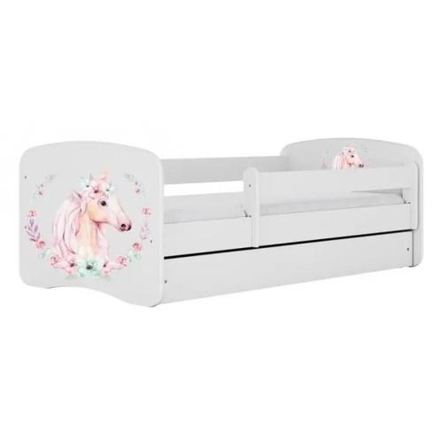 Happy - Lit Enfant Blanc Décor Cheval 160 X 80 Cm Sommier + Matelas + Tiroirs