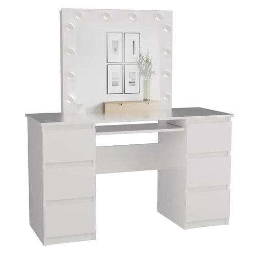 Marina - Coiffeuse Avec Miroir + Éclairage Led - 6 Tiroirs - Dimensions 130x51x76 Cm - Blanc