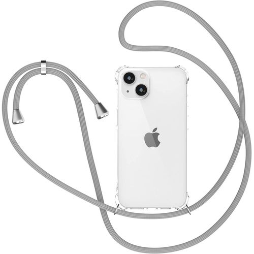 Coque Pour Iphone 14 Avec Cordon Etui Avec Collier Tour De Cou Lanière En Corde Transparente Silicone Housse Avec Cordage Lanyard Case Bandouliere Gris