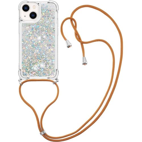 Store Collier Pour Iphone 14 Coque-Glitter Liquide Étincelle Étui Glitter Paillette Brillante Quicksands Liquide Transparente Silicone Tpu Case Housse Collier Avec Réglable Cordon Lanière