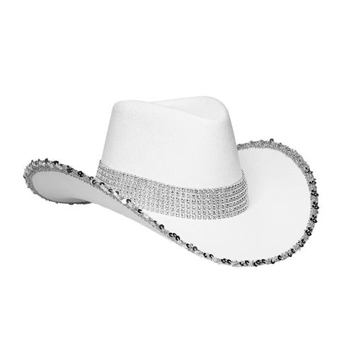 Chapeau Cowboy Blanc Strass Sequins Argent Femme