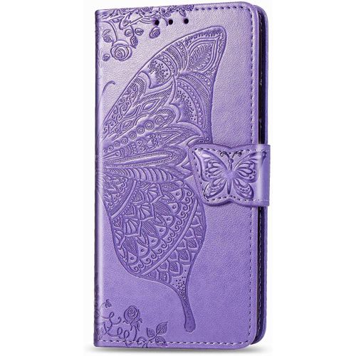 Coque Pour Huawei Y3 2017 [Avec Verre Trempe],Papillon Motif De Gaufrage Housse Imprime En Pu Cuir Case A Rabat Coque De Protection Portefeuille Cover (Violet)