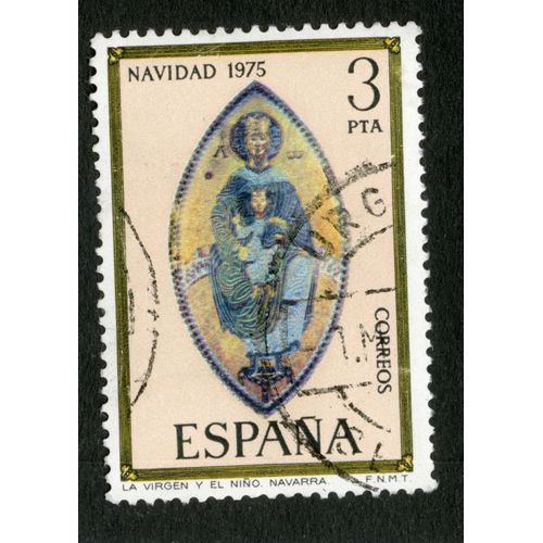 Timbre Oblitéré Espana, Navidad 1975, 3 Pta, Correos, La Virgen Y El Nino , Navarra