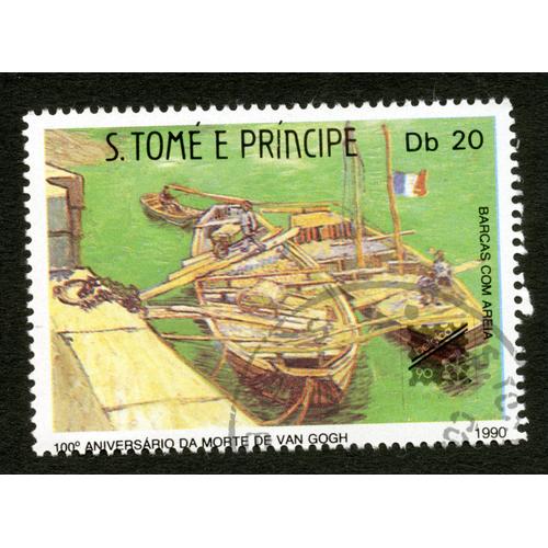 Timbre Oblitéré S Tomé E Principe, Barcas Com Areia, 100 Aniversario Da Morte De Van Gogh, 1990, Db 20