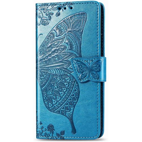 Coque Pour Huawei Y3 2017 [Avec Verre Trempe],Papillon Motif De Gaufrage Housse Imprime En Pu Cuir Case A Rabat Coque De Protection Portefeuille Cover (Bleu)
