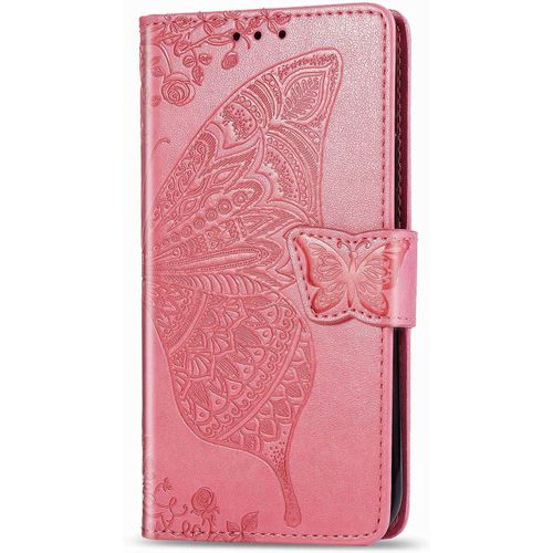 Coque Pour Huawei Y3 2017 [Avec Verre Trempe],Papillon Motif De Gaufrage Housse Imprime En Pu Cuir Case A Rabat Coque De Protection Portefeuille Cover (Pink)