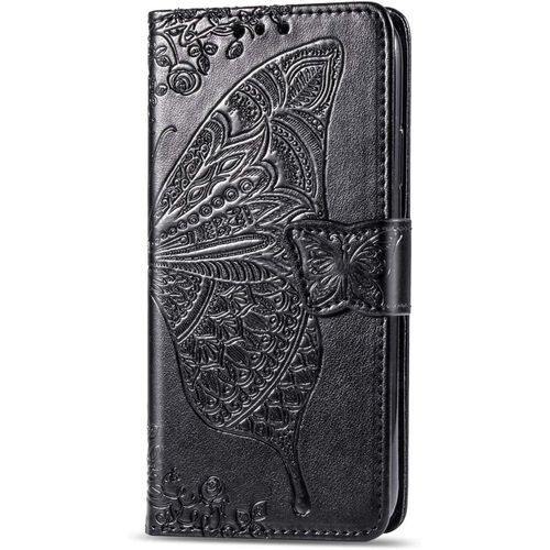 Coque Pour Huawei Y3 2017 [Avec Verre Trempe],Papillon Motif De Gaufrage Housse Imprime En Pu Cuir Case A Rabat Coque De Protection Portefeuille Cover (Noir)