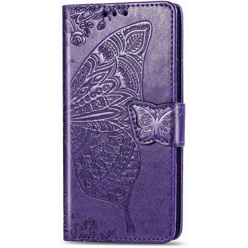 Coque Pour Huawei Y3 2017 [Avec Verre Trempe],Papillon Motif De Gaufrage Housse Imprime En Pu Cuir Case A Rabat Coque De Protection Portefeuille Cover (Violet Fonce)
