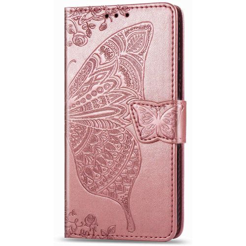 Coque Pour Huawei Y3 2017 [Avec Verre Trempe],Papillon Motif De Gaufrage Housse Imprime En Pu Cuir Case A Rabat Coque De Protection Portefeuille Cover (Or Rose)