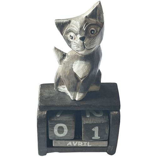 Calendrier perpétuel en bois chat gris 15 cm