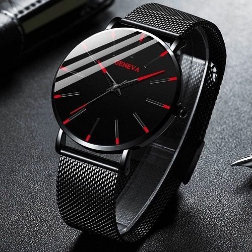 Montre-Bracelet À Quart Simple, Acier Inoxydable, Bande En Maille, Noir Et Rouge