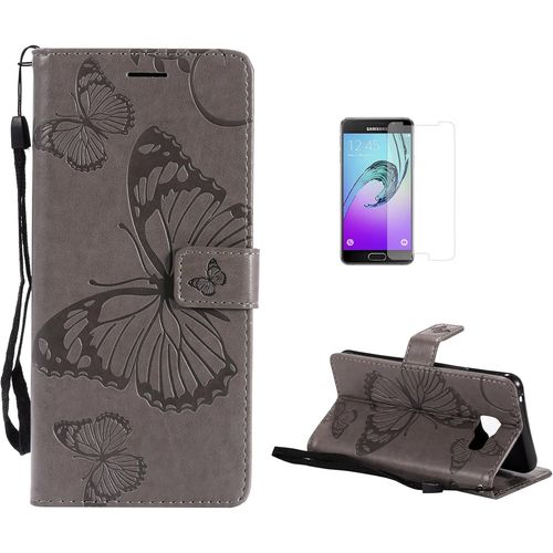 Coque Galaxy A3 2016/A310 [Avec Film De Protection Ecran Hd], (Serie De Papillon Et Fleur) Retro Emboss Premium Flip Housse Etui Pu Cuir Pour Samsung Galaxy A3 2016/A310 (Gris)