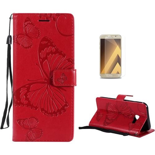 Coque Galaxy A3 2017 [Avec Film De Protection Ecran Hd], (Serie De Papillon Et Fleur) Retro Emboss Papillon Premium Flip Housse Etui Pu Cuir Pour Samsung Galaxy A3 2017(Rouge)