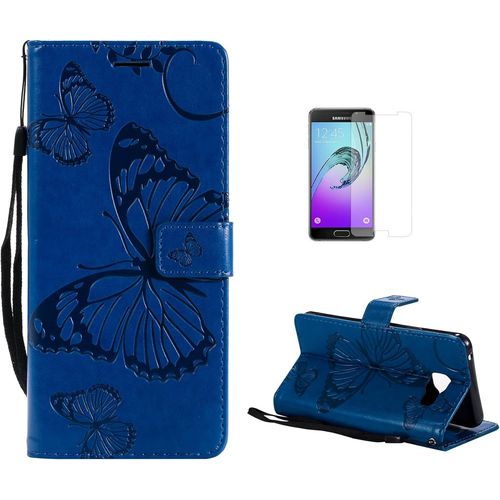 Coque Galaxy A3 2016/A310 [Avec Film De Protection Ecran Hd], (Serie De Papillon Et Fleur) Retro Emboss Papillon Premium Flip Housse Etui Pu Cuir Pour Samsung Galaxy A3 2016/A310(Bleu)