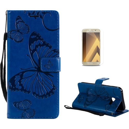 Coque Galaxy A3 2017 [Avec Film De Protection Ecran Hd],Fatcatparadise(Serie De Papillon Et Fleur) Retro Emboss Papillon Premium Flip Housse Etui Portefeuille Pu Cuir Pour Samsung Galaxy A3 2017(Bleu)