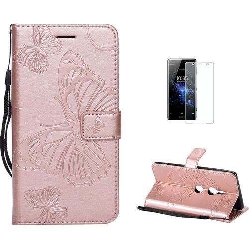 Coque Sony Xperia Xz2 [Avec Film De Protection Ecran Hd], (Serie De Papillon Et Fleur) Retro Emboss Papillon Premium Flip Housse Etui Portefeuille Pu Cuir Pour Sony Xperia Xz2(Or Rose)