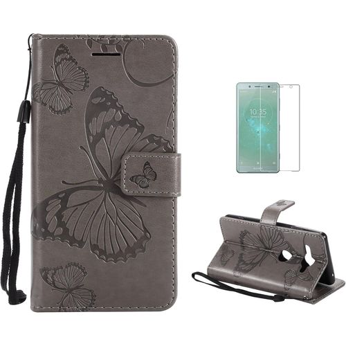 Coque Sony Xperia Xz2 Compact [Avec Film De Protection Ecran Hd], (Serie De Papillon Et Fleur) Retro Emboss Papillon Premium Flip Housse Etui Pu Cuir Pour Sony Xperia Xz2 Compact(Gris)