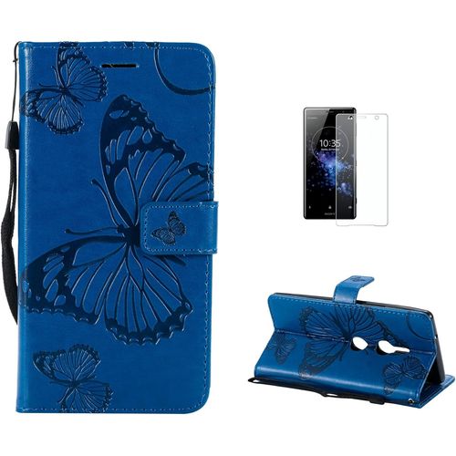 Coque Sony Xperia Xz2 [Avec Film De Protection Ecran Hd],Fatcatparadise(Serie De Papillon Et Fleur) Retro Emboss Papillon Premium Flip Housse Coque Etui Portefeuille Pu Cuir Pour Sony Xperia Xz2(Bleu)