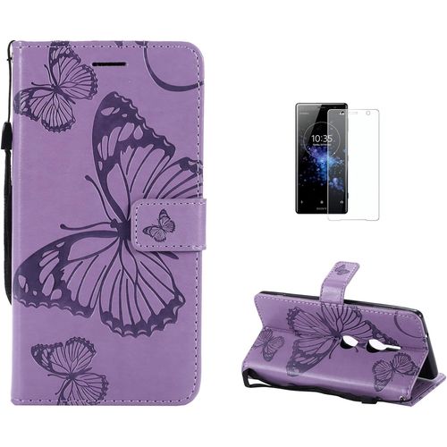 Coque Sony Xperia Xz2 [Avec Film De Protection Ecran Hd], (Serie De Papillon Et Fleur) Retro Emboss Papillon Premium Flip Housse Etui Portefeuille Pu Cuir Pour Sony Xperia Xz2(Violet)