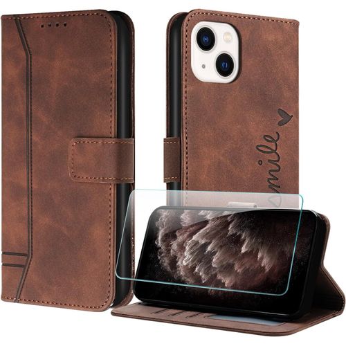 Coque Pour Iphone 13 Mini (5,4 Pouce) Avec Protection Ecran, Etuis Rabat Folio Housse Cuir Portefeuille [Emplacements Cartes] Magnetique Support Pour Iphone 13 Mini - Marron