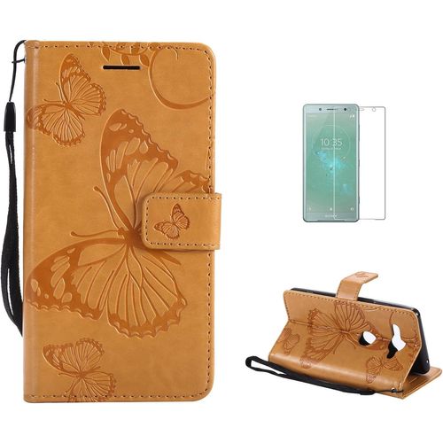 Coque Sony Xperia Xz2 Compact [Avec Film De Protection Ecran Hd],Fatcatparadise(Serie De Papillon Et Fleur) Retro Emboss Papillon Premium Flip Housse Etui Pu Cuir Pour Sony Xperia Xz2 Compact(Jaune)