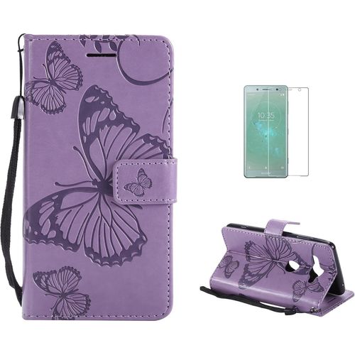 Coque Sony Xperia Xz2 Compact [Avec Film De Protection Ecran Hd],Fatcatparadise(Serie De Papillon Et Fleur) Retro Emboss Papillon Premium Flip Housse Etui Pu Cuir Pour Sony Xperia Xz2 Compact(Violet)
